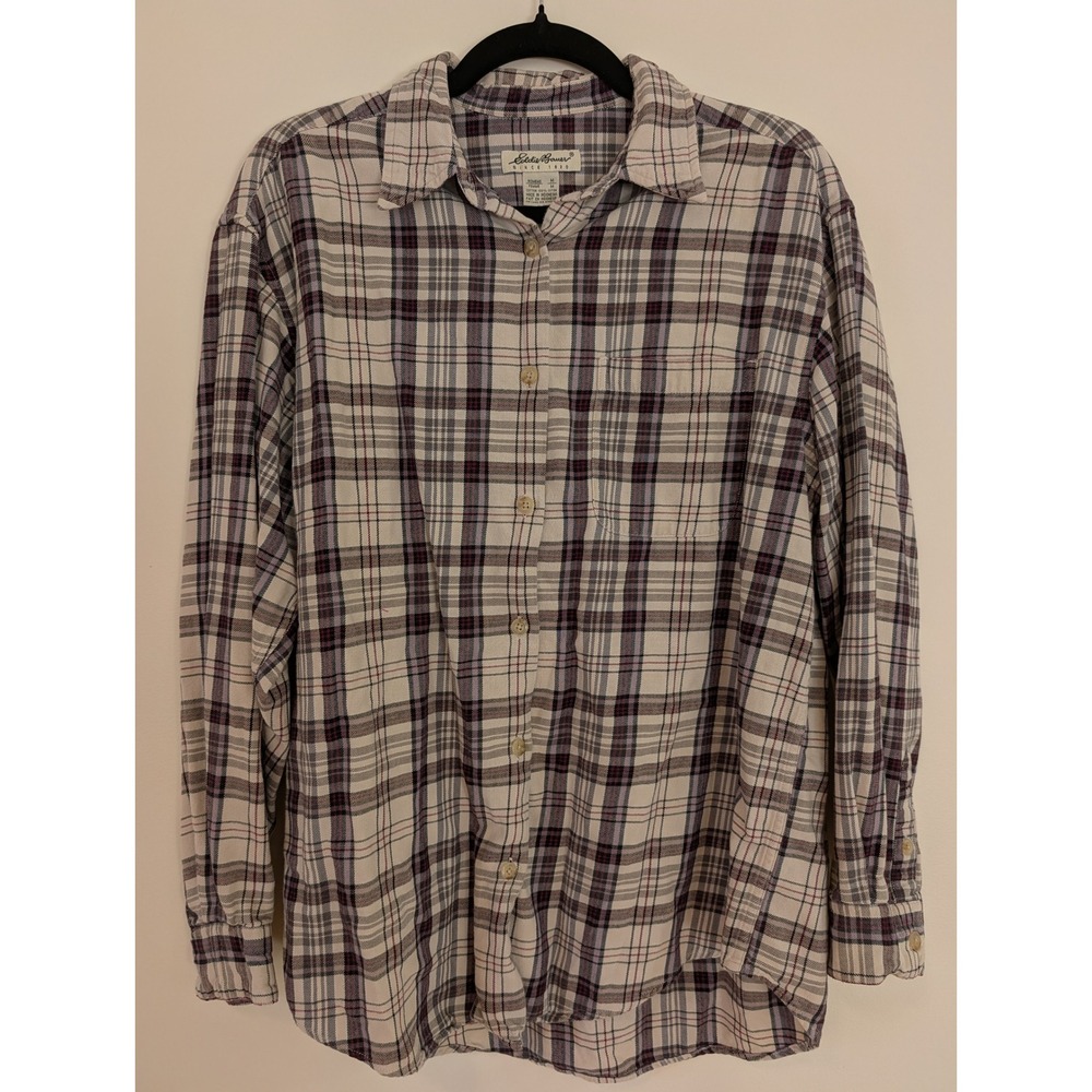 Eddie Bauer Womens Plaid Button Down Shirt Purple Tan‎ Long Sleeve Cotton Medium